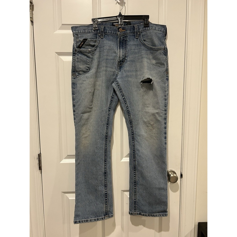 Ariat Rebar M7 Slim Straight Leg Work Jeans Mens 38x32 Light Wash Distressed